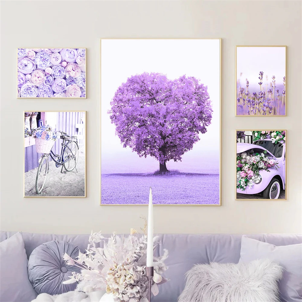 Purple Tree Flower Girl Lavender Wall Art Posters Canvas Painting Door Bike Car Art Print Nordic Wall Pictures Living Room Decor