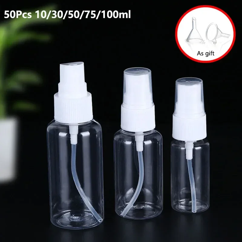 50Pcs 10/30/50/75/100ml Refillable Spray Bottle With Funnels Individual Packaged Atomizer Portable Perfume Container For Travel