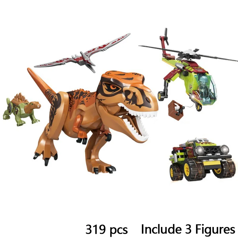 Jurassic Dinosaur Building Blocks Set 319Pcs T-Rex Pterosaur Helicopter Off-road Car with 3 Minifigures DIY Bricks Toy for Boys