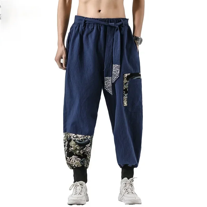 TPJB Japanese Kimono Men Cotton Linen Samurai Costume Ukiyo-e Print Belt Retro Harem Pants Haori Baggy Trousers Harajuku Hip Hop