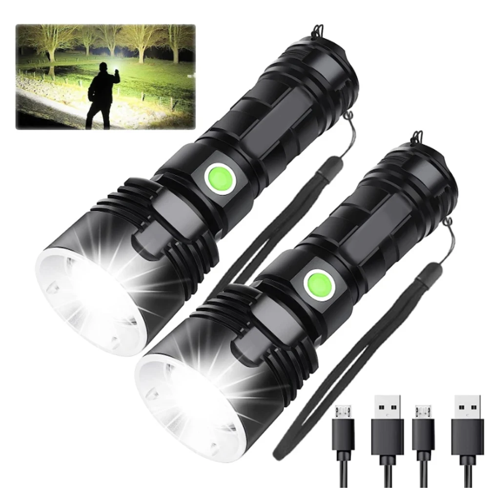 P70 Super Bright Flashlight  High Power LED CampingEmergency Light USB Rechargeable Torch Waterproof Light  Long Battery Life