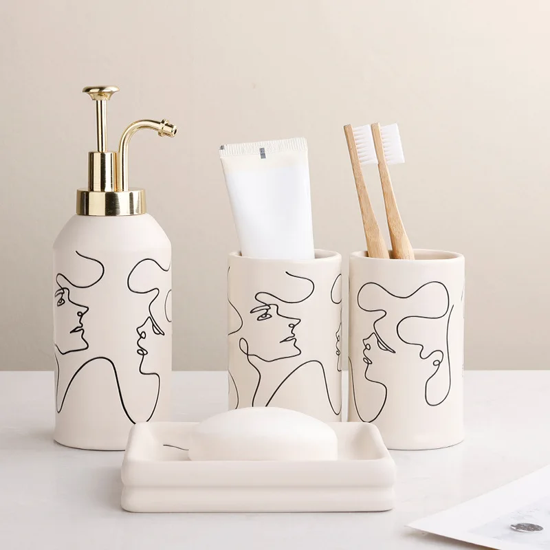 Nordic Line Pattern Ceramic Soap Dispenser Mouthwash Cup Toothbrush Holder Soap Dish Bath Kit Bathroom Set Accessory Full