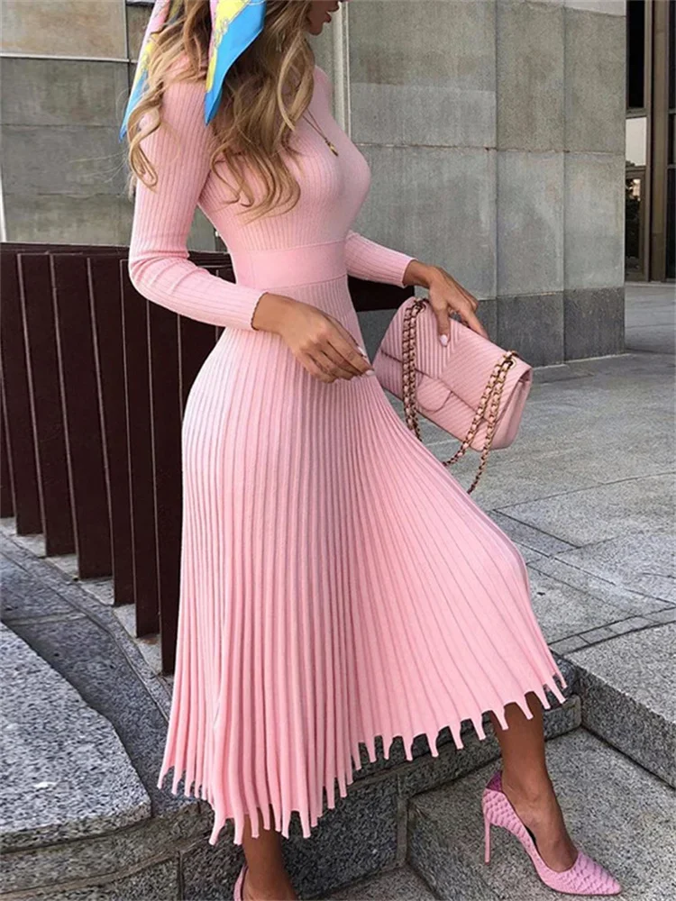 

Ribbed Pleated Knit Dress Women Loose Fashion Patchwork Long Sleeve Dress High Waist Knitwear Female Autumn Maxi Dress New