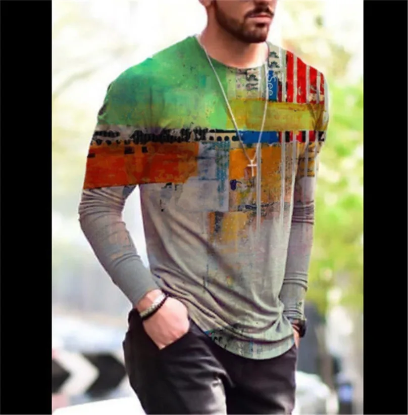 Spring Autumn Long Sleeve Men\'s 3D T-Shirts Tie-dye Street Patchwork Pattern Printing Male Tops 6XL Plus Size Loose Casual Tees