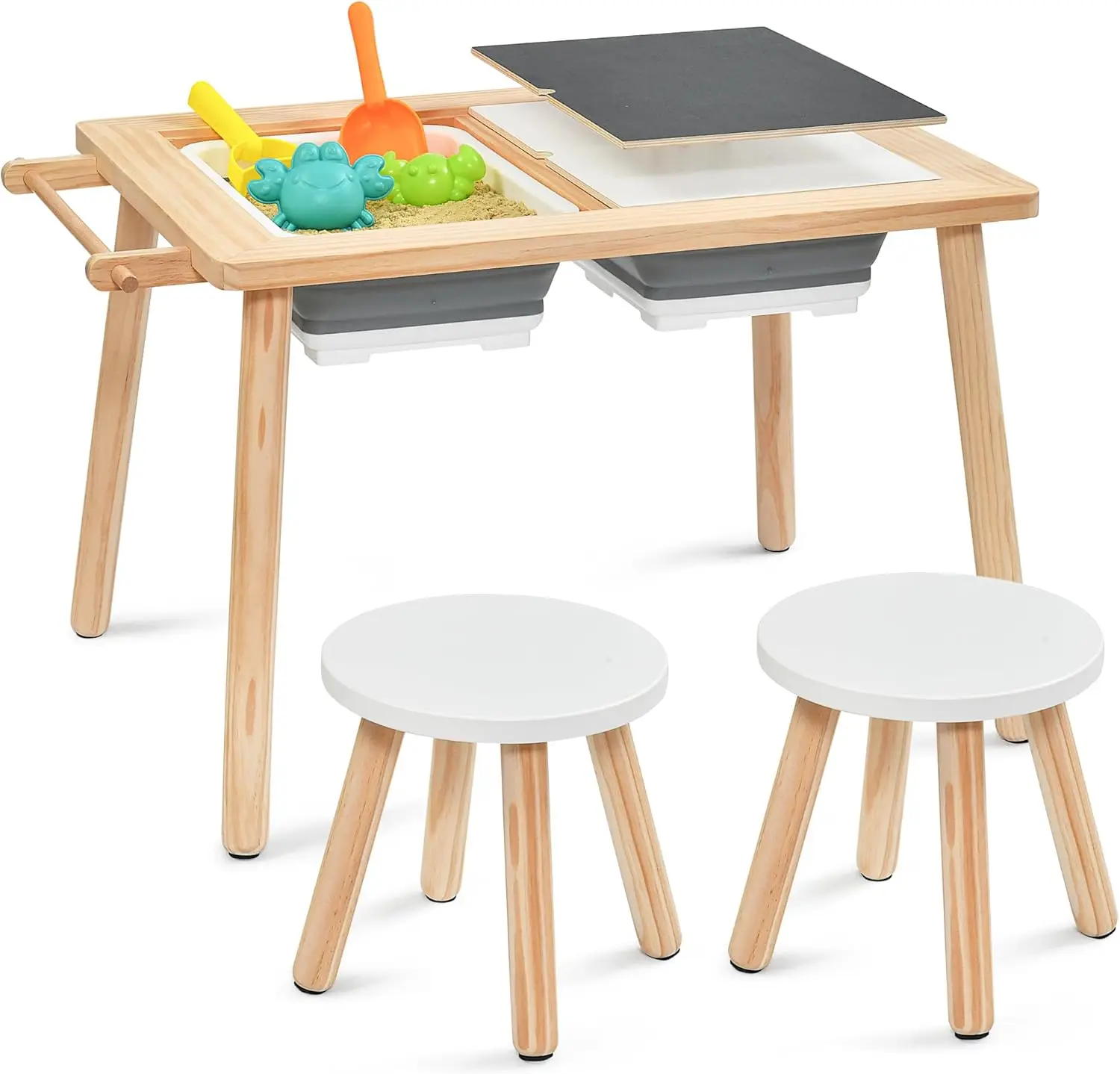 Table with Chairs Set, Kids Table with Foldable Bin & Paper Roller (Without Roll Paper) Play Sand and Water Table Gifts