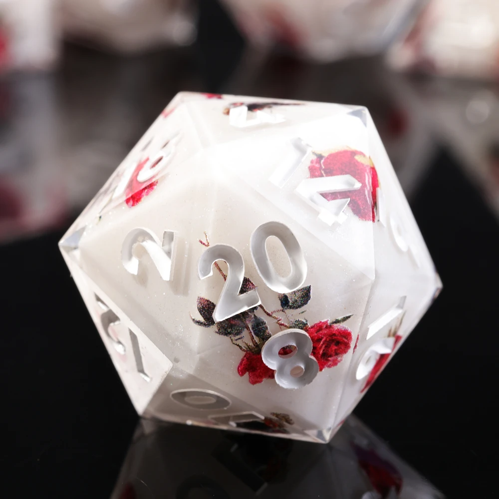 MINI PLANET 1pcs Flower Stickers D20 Dice DND 20 Sided Resin Dice with Sharp Edges For RPG Tabletop Game Collection D20 Custom