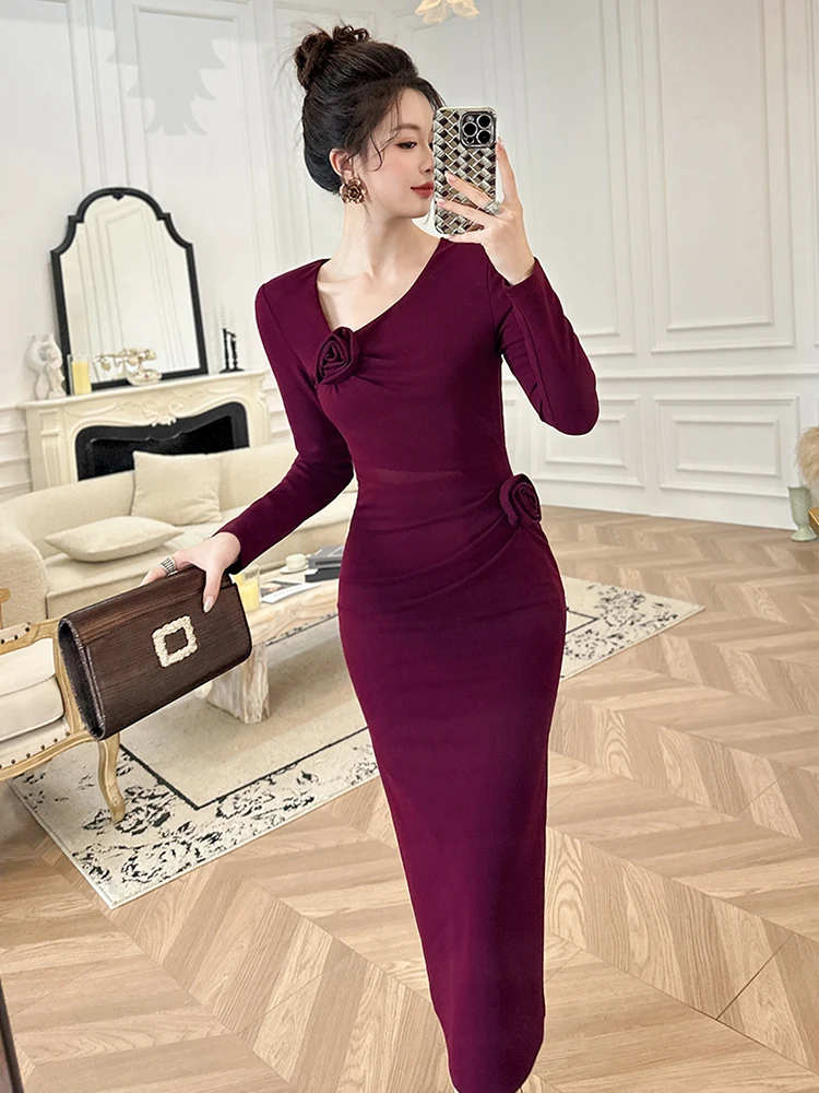 ヴィンテージシックなミディ丈シースドレス、女性用、エレガントなカットアウトウエスト、3Dローズ装飾、パーティードレス、イブニングフォーマル、集まり用ドレス