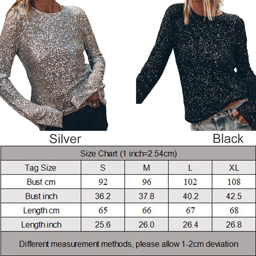 Mulheres outono inverno lantejoulas mangas compridas em torno do pescoço camisa festa casual solto topos