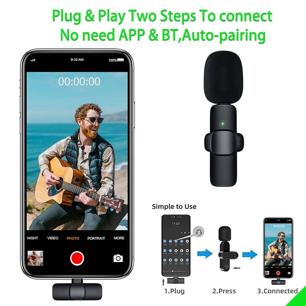 Wireless Recording Lapel Lavalier Microphone Plug and Play Clip Wireless Mic for iPhone ipad Android Live Broadcast Game Phone.