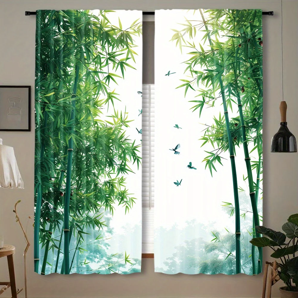 Fresh Bamboo Forest Theme Curtain 2 Panels Lush Green Stalks Soft Mist Base Living Room Curtain Elegant Retro Oriental Home
