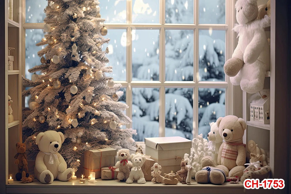 Рождественская фотография Фон окно милый медведь подарки блестящая Рождественская елка дети семейный портрет Фотостудия