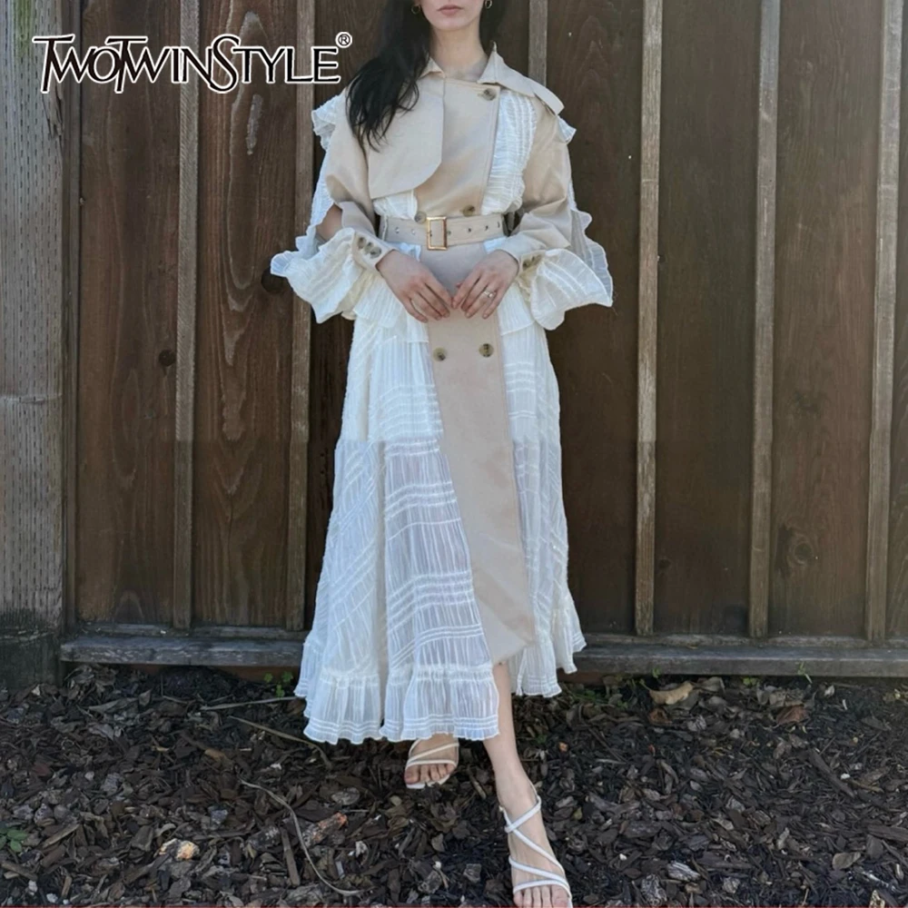 

TWOTWINSTYLE Khakl Spliced Sashes Chic Jacket Female Lapel Long Sleeve Office Lady Irregular Women's Jackets Autumn Fashion New