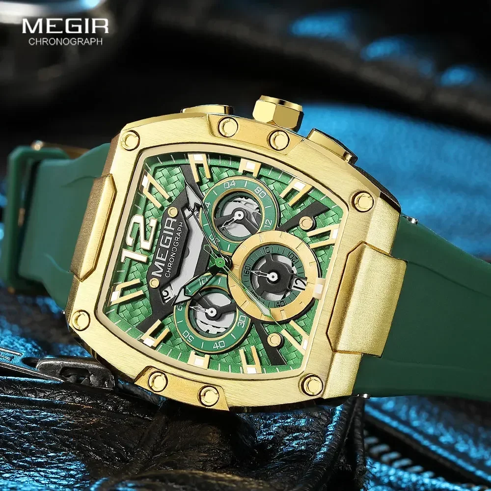 Reloj de cuarzo deportivo MEGIR a la moda para hombre, reloj de pulsera cronógrafo con correa de silicona verde dorado resistente al agua con manecillas luminosas y fecha