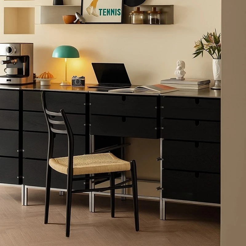 

Solid wood dining side cabinet Stainless steel combination cabinet Black Bauhaus minimalist 4-bucket living room Home display