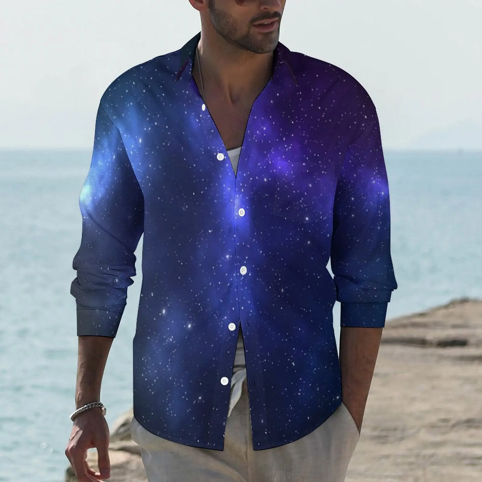 Space Galaxy Casual Shirts Mens Abstract Print Shirt Long Sleeve Novelty Street Style Blouses Autumn Custom Clothes 3XL 4XL