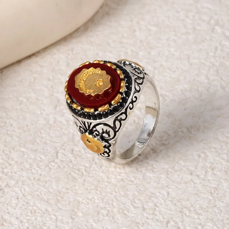 

Huajie Men's Turkish Signet Ring Carved Star Moon Pattern Retro Punk Islamic Muslim Ring Jewelry Trend