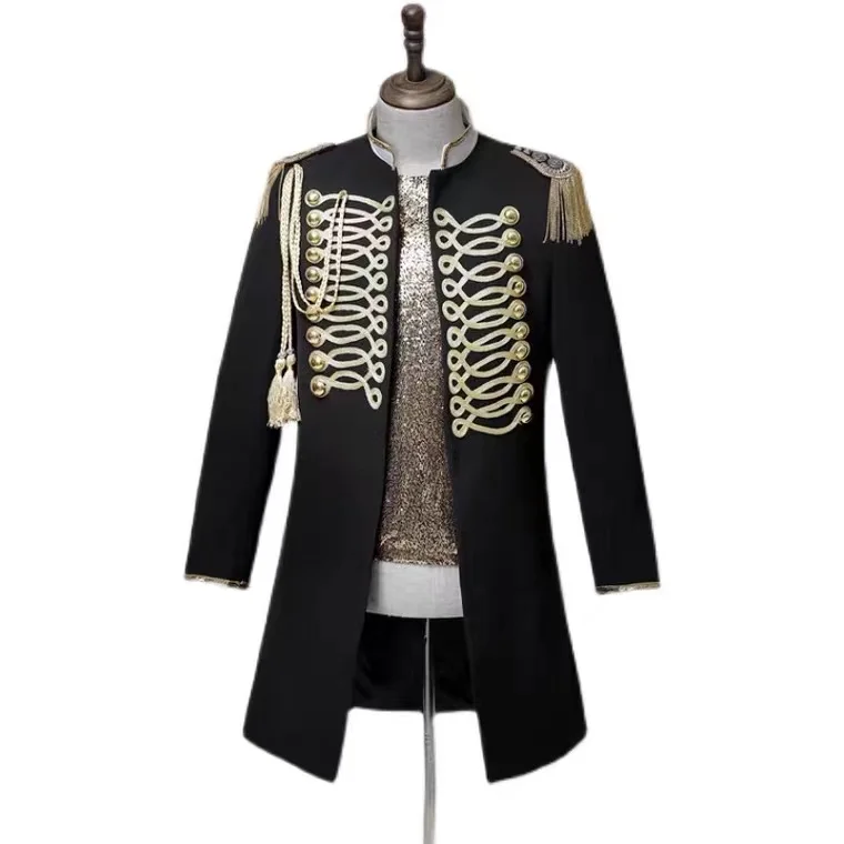 

Gold Tassel Men Star Singer Concert Performance Button Blazers Epaulet Suit Jackets Bar Nightclub Magician Host Long Coat XS-5XL