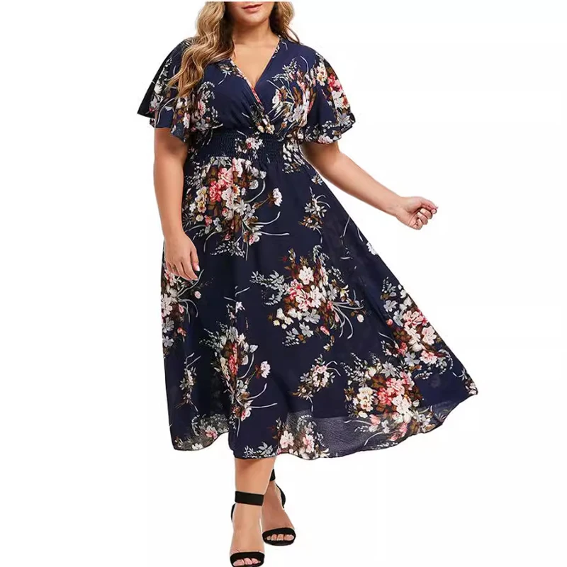 Women's Bohemian Floral Dress Ladies Elegant V Neck Loose Short-sleeved Maxi Dress Beach Holiday Female Oversized Dress