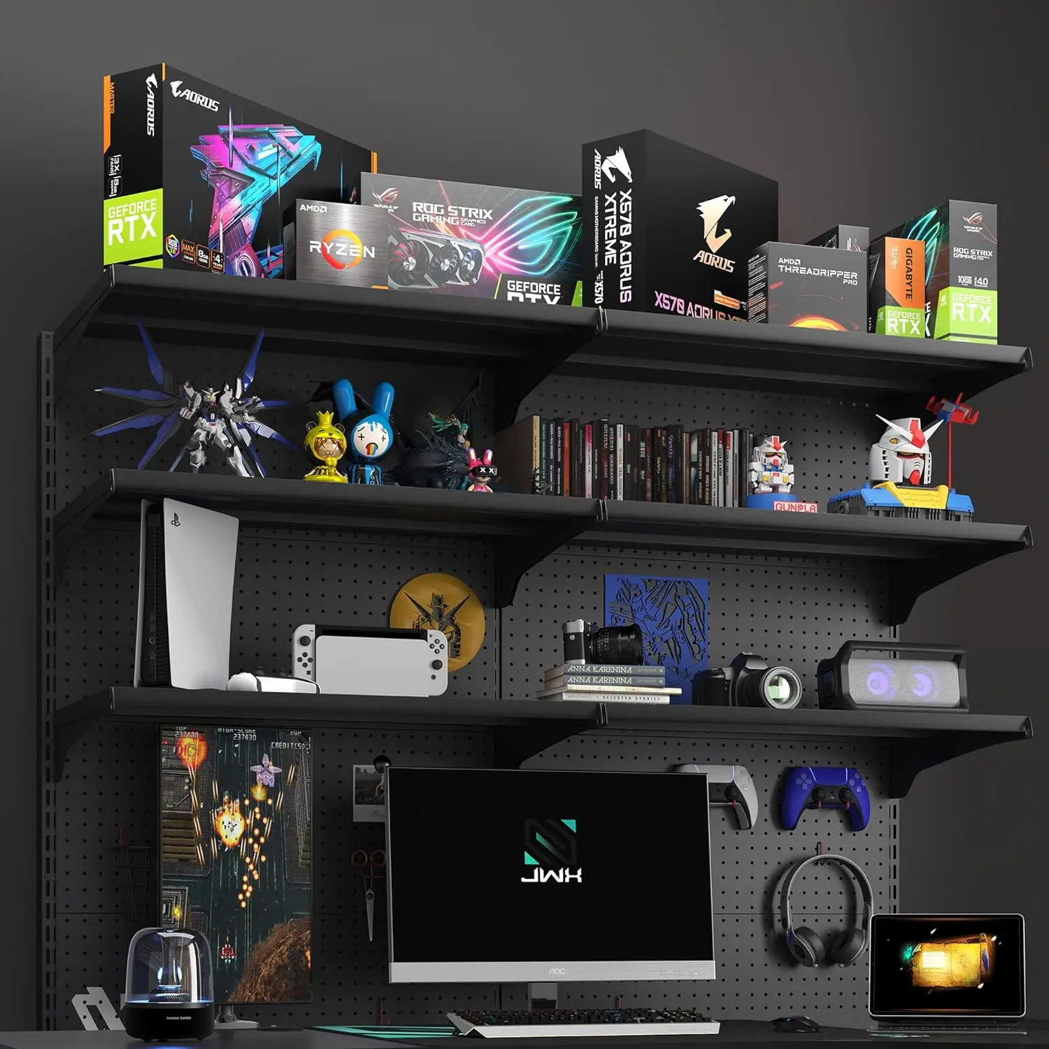 Imagem -05 - Gaming Standing Shelf Units Home Office Cabinet com Metal Pegboard e 15 Peças Organizador Ferramenta Titulares