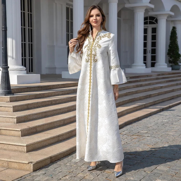 Elegant White Abayas for Women Beads Muslim Maxi Dress Dubai Abaya Turkey Kaftan Eid Djellaba Islam Jalabiya Morocco Vestidos