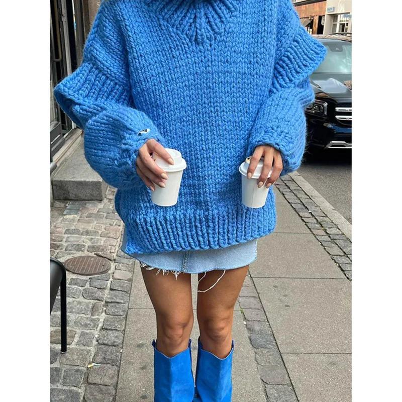 

Solid Knit Turtlrneck Double Lantern Sleeve Women Pullover Thick Warm Oversized Loose Top Sweater 2023 Fall Winter Chic Knitwear