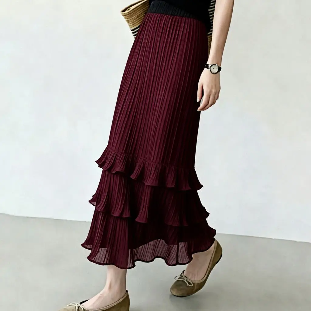 Women Pleated Tiered Ruffle Skirt Solid Color Loose A Line Midi Skirt Bohemian Style Spring Summer Casual Skirt