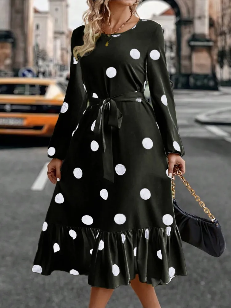 Plus Size Autumn Polka Dot Print Midi Dress Women Ruffle Pleated Loose Fashion Long Sleeve Ladies Dresses Slim Waist Woman Dress