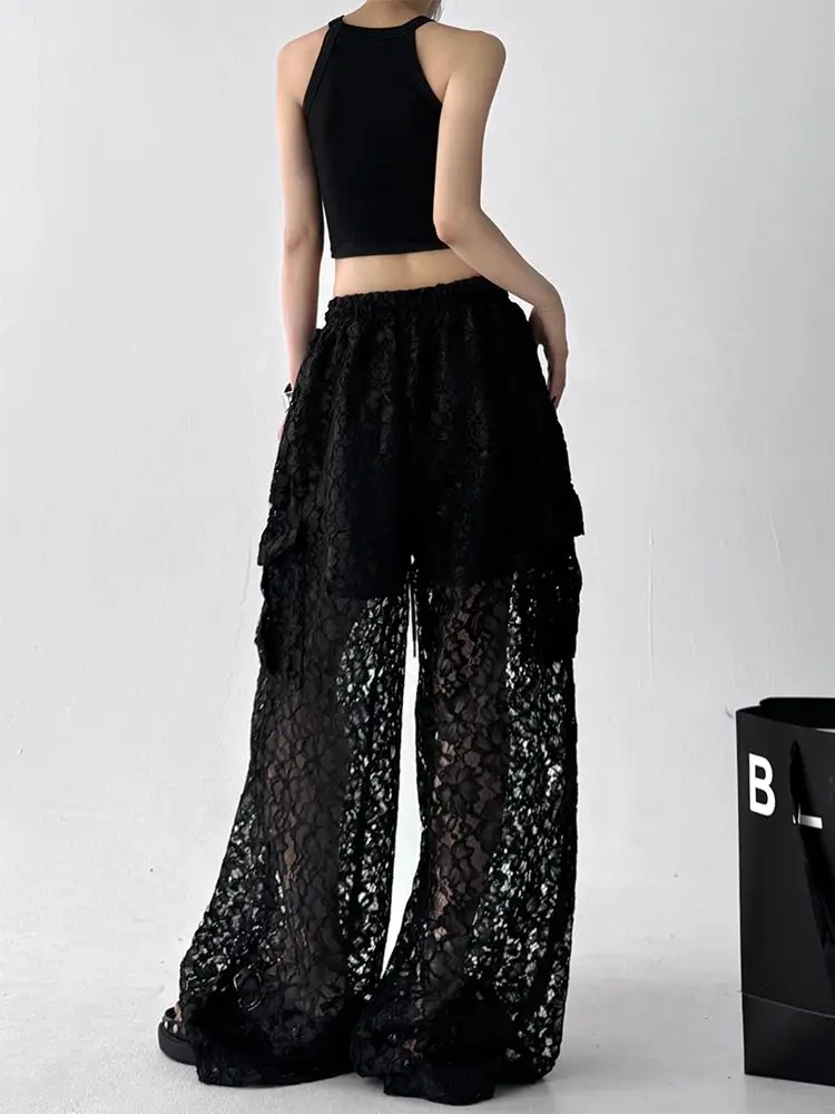 2026 Black Casual Pants Women's Summer Versatile Design Sense Splicing Hollow Lace Premium Sense Straight Wide Leg Pants