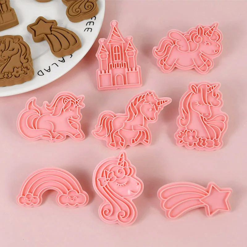 

8pcs/set Unicorn Shape Cookie Cutters Plastic 3D Cartoon Pressable Biscuit Mold Cookie Stamp Kitchen Baking Pastry Bakeware Tool