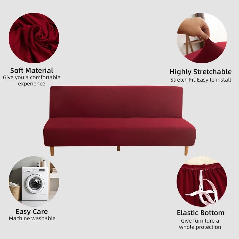 LANMOLIFE Armless Futon Sofa Bed Cover Solid Color Stretchable Folding Sofa Bed Covers Removable Cleaning Home Decor Living Room