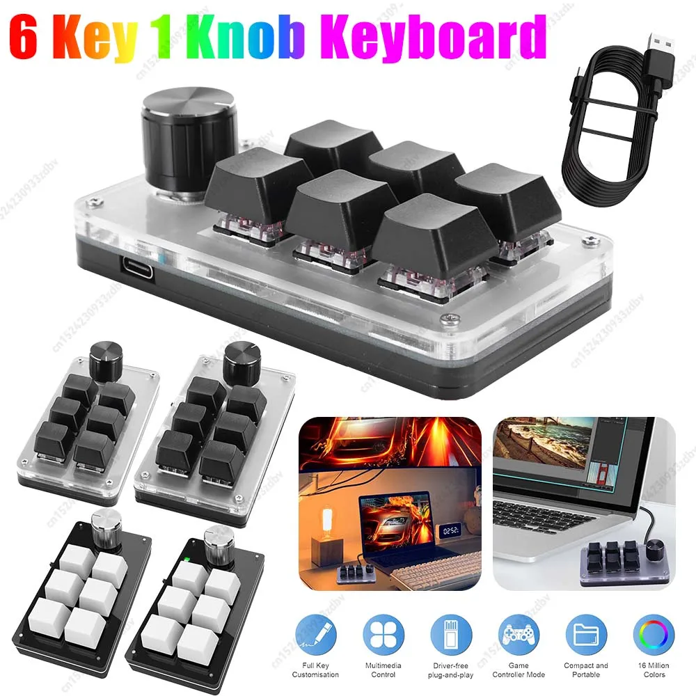 6 Key 1 Knob Programming Macro Custom Knob Keyboard Bluetooth-Compatible/Wired RGB Hotswap Mechanical Gaming Keyboard for Gaming