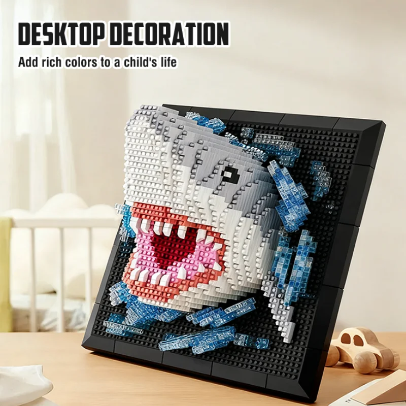 

Shark DIY Building Blocks 3D Animal Head Wall Painting Home Mini Bricks Hanging Picture Ornament Kids Toys Boys Christmas Gifts