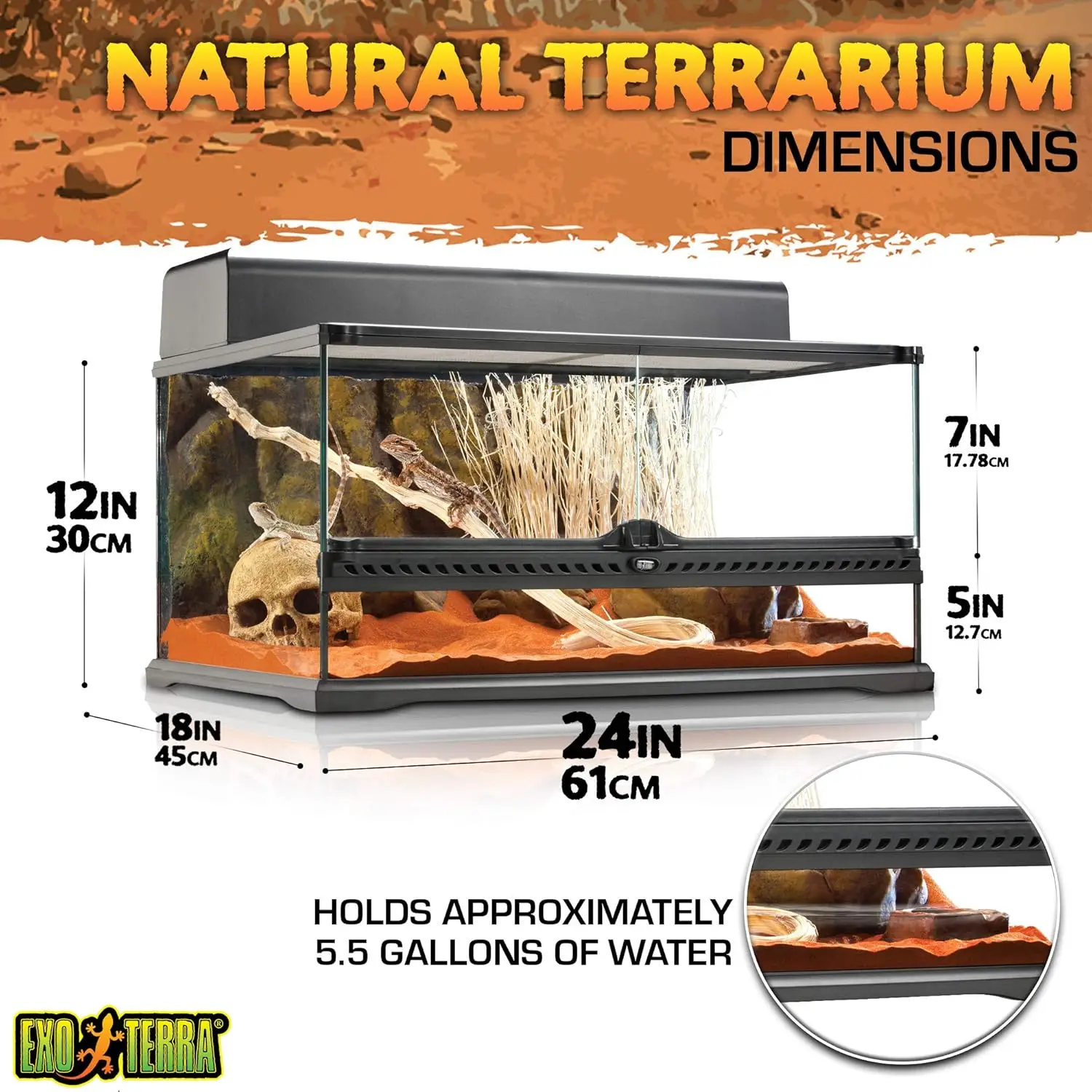 Glass Natural Terrarium Kit for Reptiles and Amphibians Short Wide 24x18x12 Inches PT2604A1 Waterproof bottom