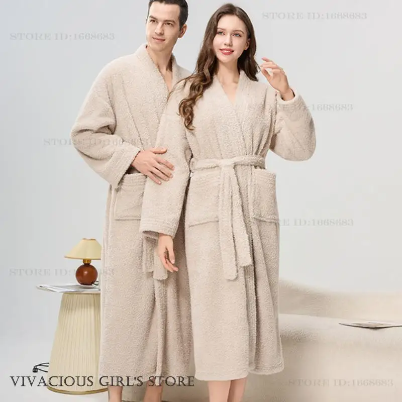 Winter New Coral Fleece Couple Long Robe Sleewpear Plush Warm Flannel Nightwear Homewear Thicken Loose Male Loungewear Pajama