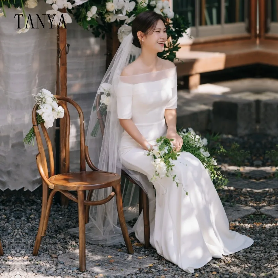

TANYA Elegant Boat Neck Short Sleeves Wedding Dress Simple Soft Satin Sheath Floor Length Sweep Train Bridal Gowns G4231