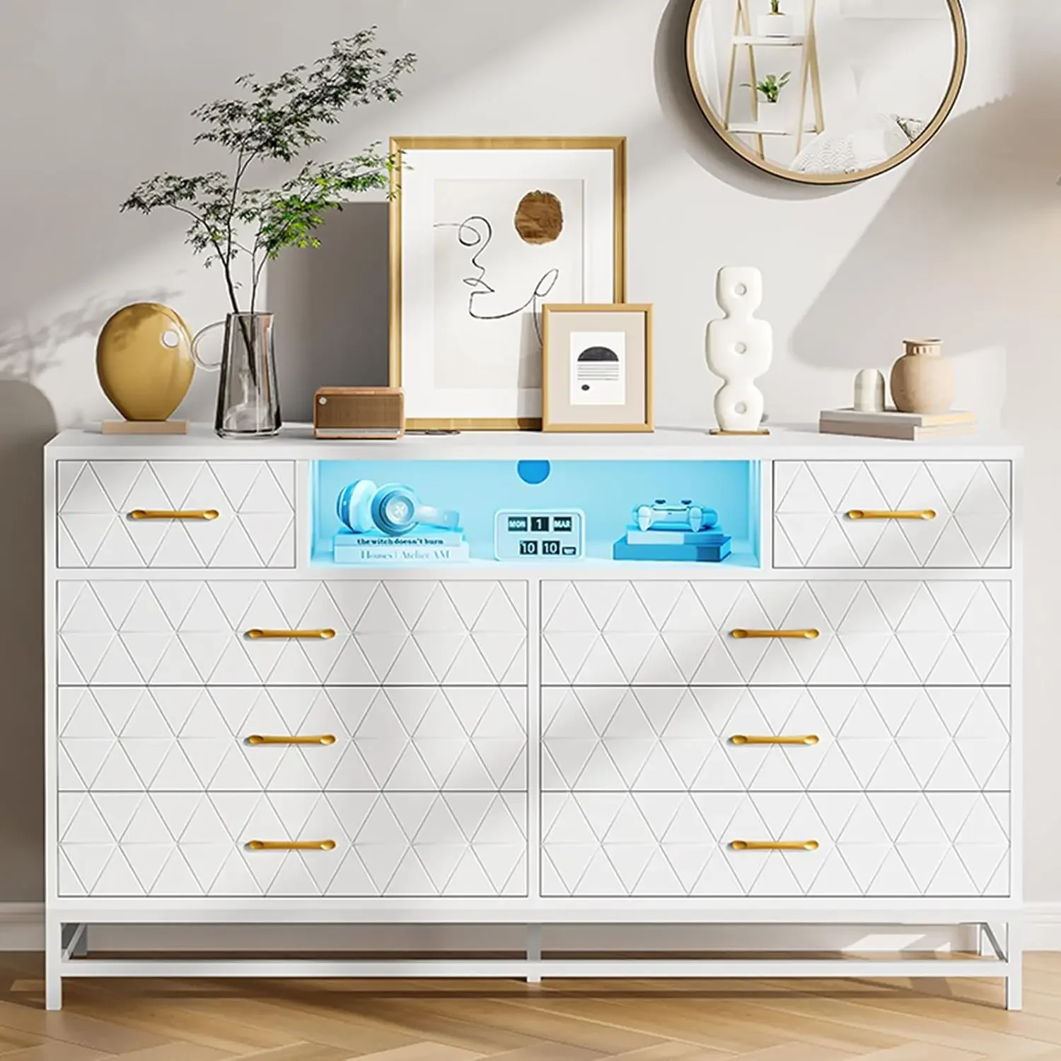 Modern White Dresser for Bedroom - 8 Drawer Dresser with Power Outlet & LED Light, 55