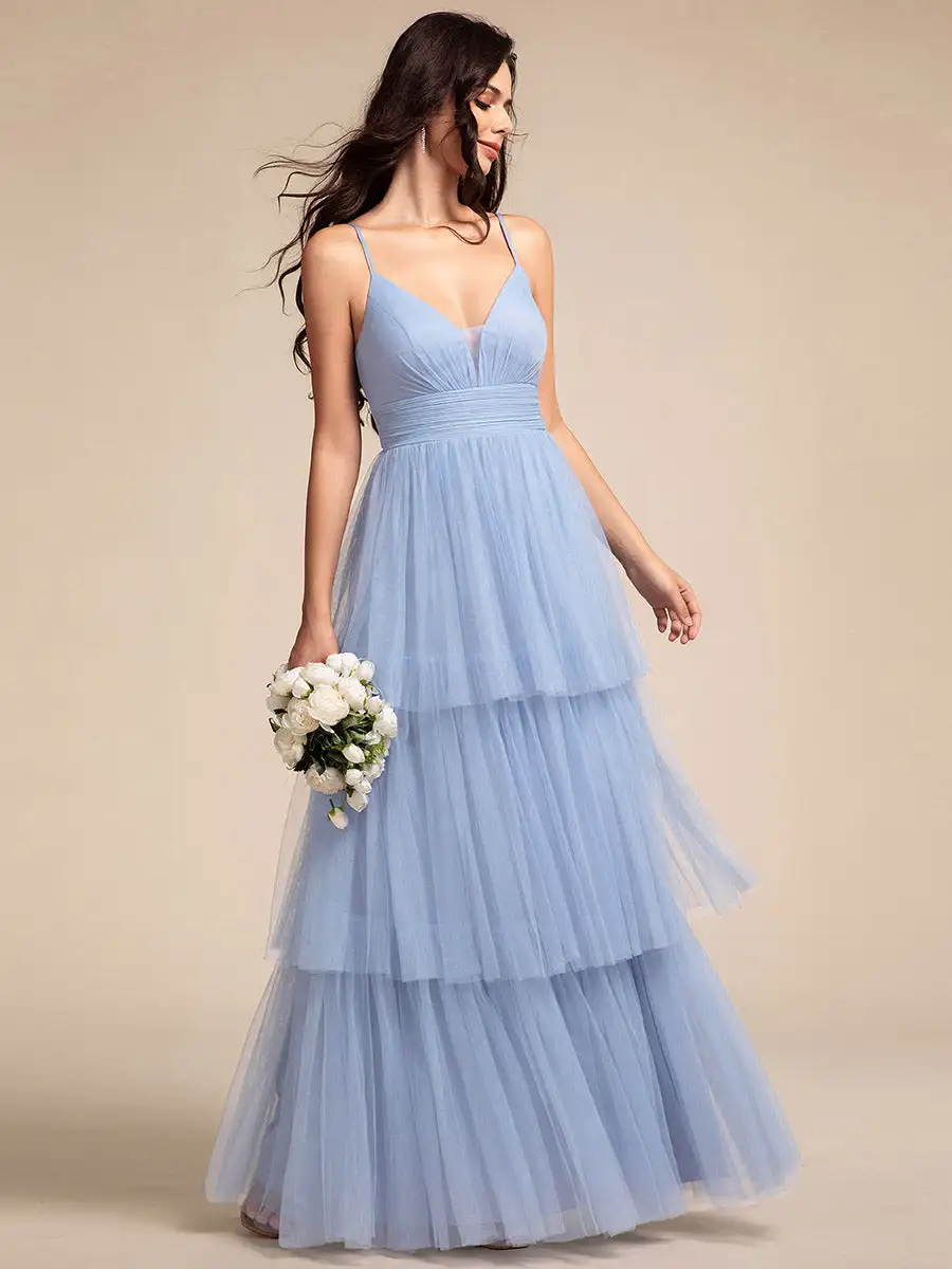 Elegant Evening Dress Romantic V Neck Sleeveless See-Through Cake pleated 2024 Ever Pretty of Tulle Light Blue Bridesmaid dress