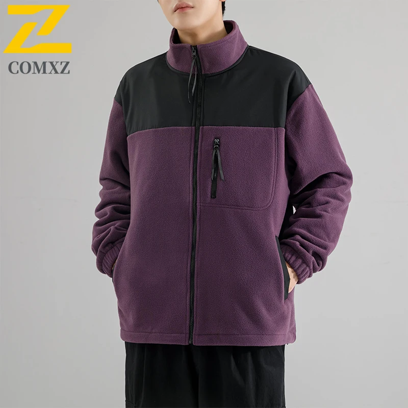 

COMXZ Men Workwear Outdoor Windbreaker Double Sided Fleece Polar Coat Color Block Autumn Windproof Stand Collar Loose Fit Jacket