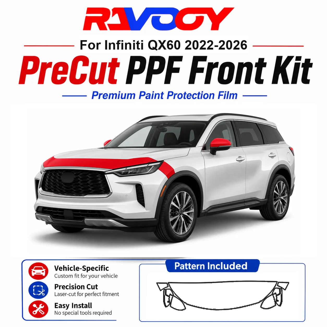 

8.5mil TPU Precut PPF Kit For Infiniti QX60 2022-2026 - Hood, Fenders & Mirror Set - Self-Healing Clear Bra Film