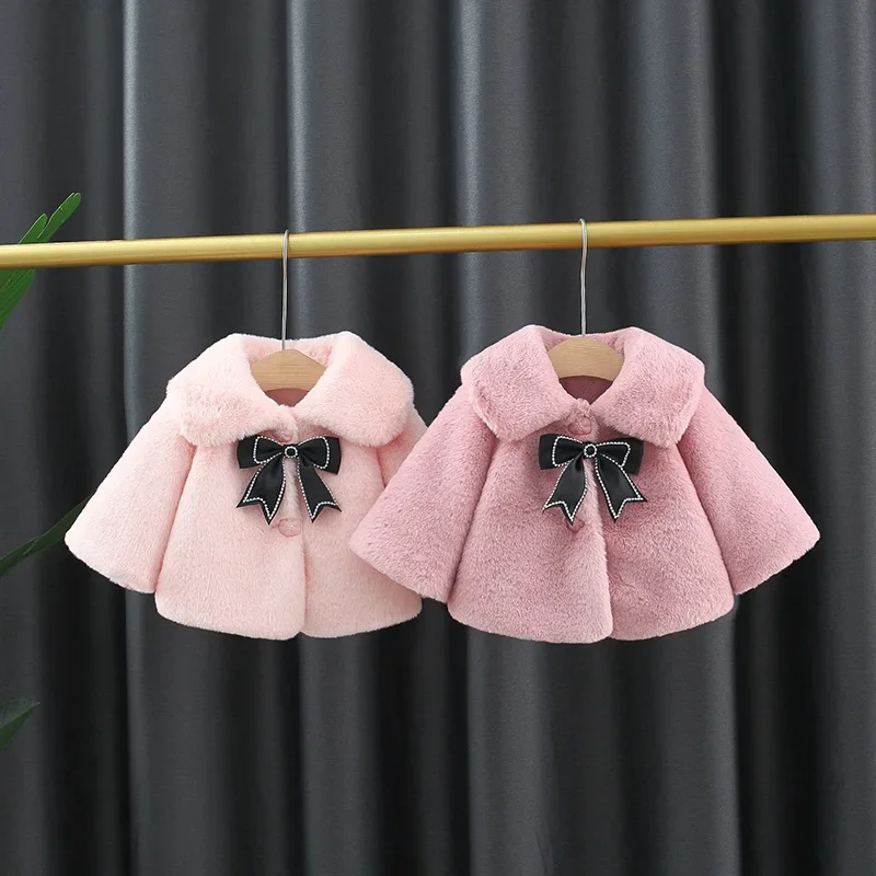 Girl\'S Winter Coat  Sweet Solid Color  Large Lapel Bow  Long Sleeved Warm Wool Sweater Suitable For Ages 0-3