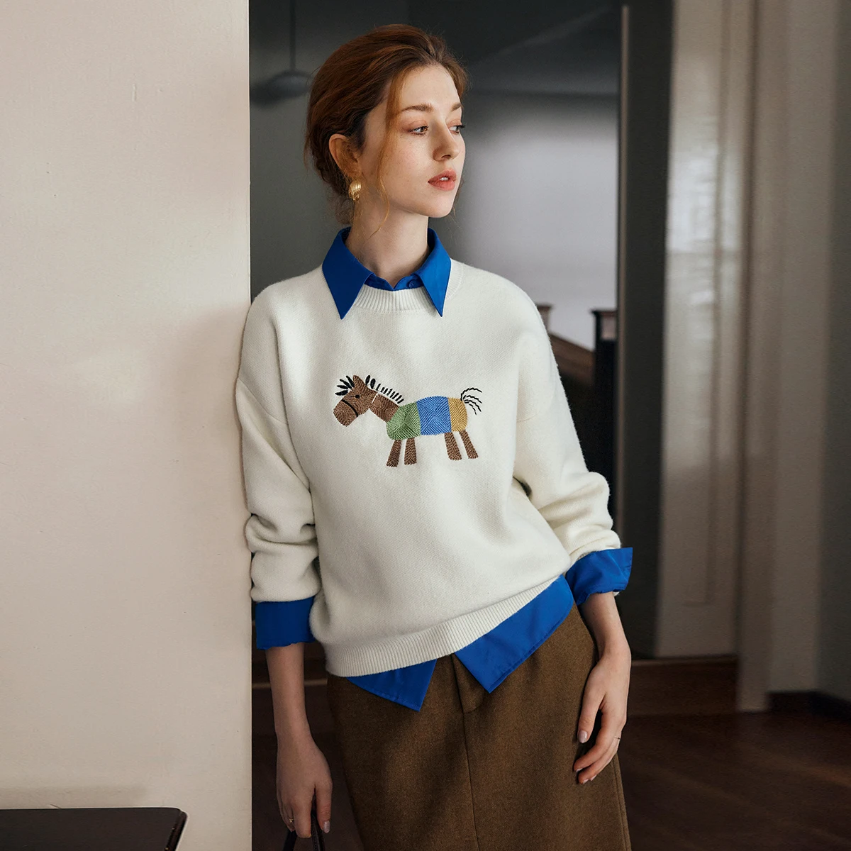 OLrain Women's Simple Knitted Sweater Autumn Winter 2026 Pony Embroidered Pullover Casual Long Sleeve Top for Ladies O57QM000925