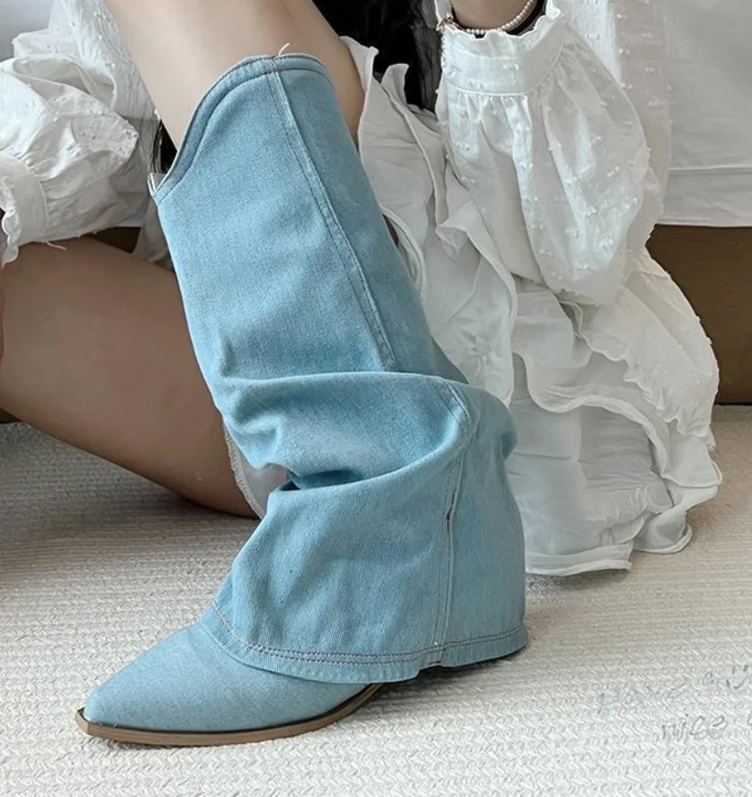 AIYKAZYSDL Slouchy Denim Boots Gladiator Block Pleat Wrinkle Plus Size 41 42 Autumn Fringe Tassel Bootie Western Knee High Boots