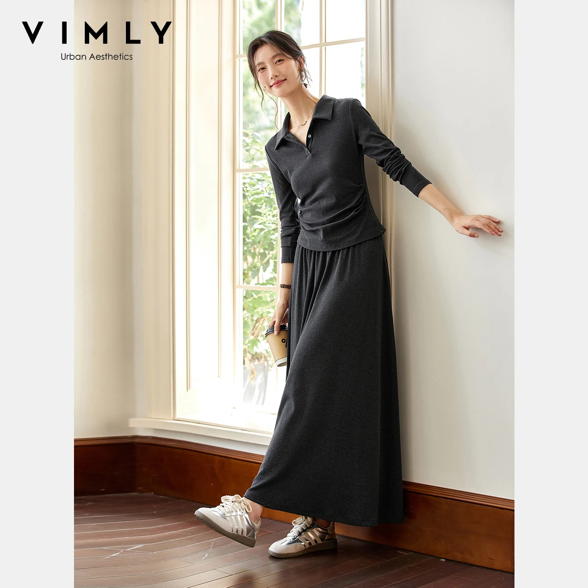 VIMLY Woman Skirt Sets Two Pieces Casual Autumn 2025 Polo Neck Knitted Tops Long A-line Skirts Loose Elegant Women's Suits A2566