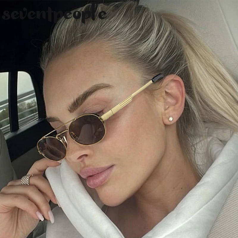 

Маленькие овальные солнцезащитные очки в металлической оправе в стиле стимпанк для женщин, 2022, элитный бренд, винтажные солнцезащитные очки с двойным лучом, классические круглые очки в стиле панк