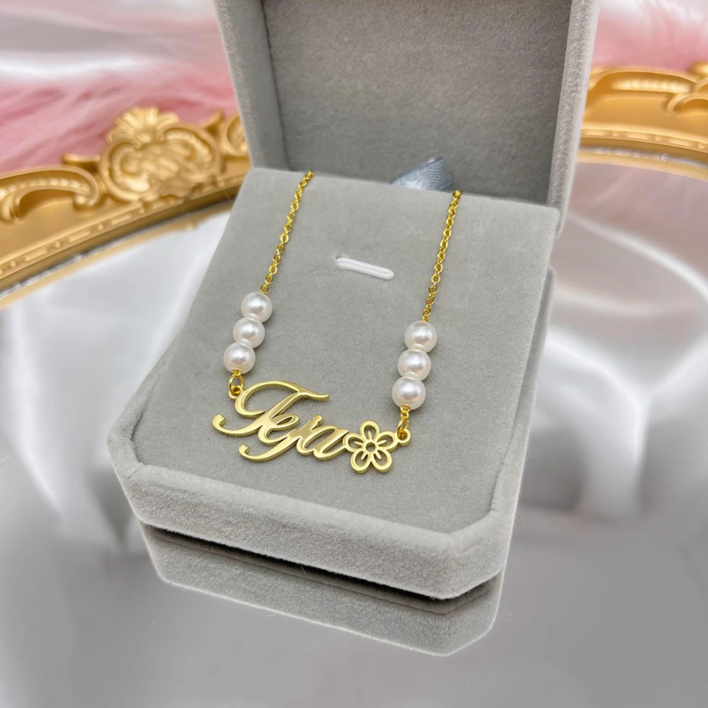 Stainless steel custom pearl necklace custom nameplate Flower Necklace female