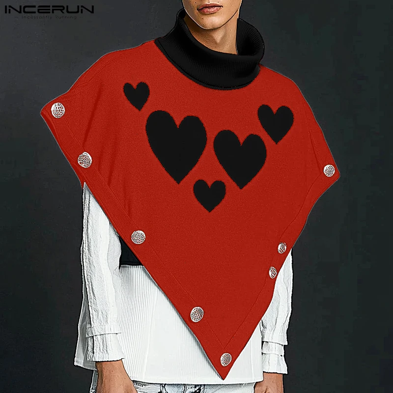 INCERUN Men Loose Sleeveless  Coats 2024 American Fashion Simple Heart Printing Cloaks Handsomen High Neck Elegant Male Trench