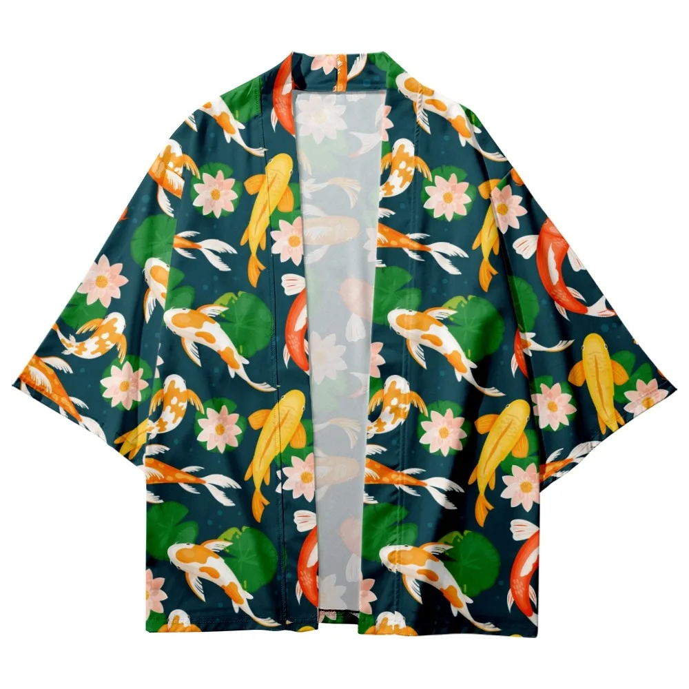 

Koi Print Tops Harajuku Haori Yukata Chinoiserie Fashion Japanese Kimono Streetwear Men's Ladies Cardiga-