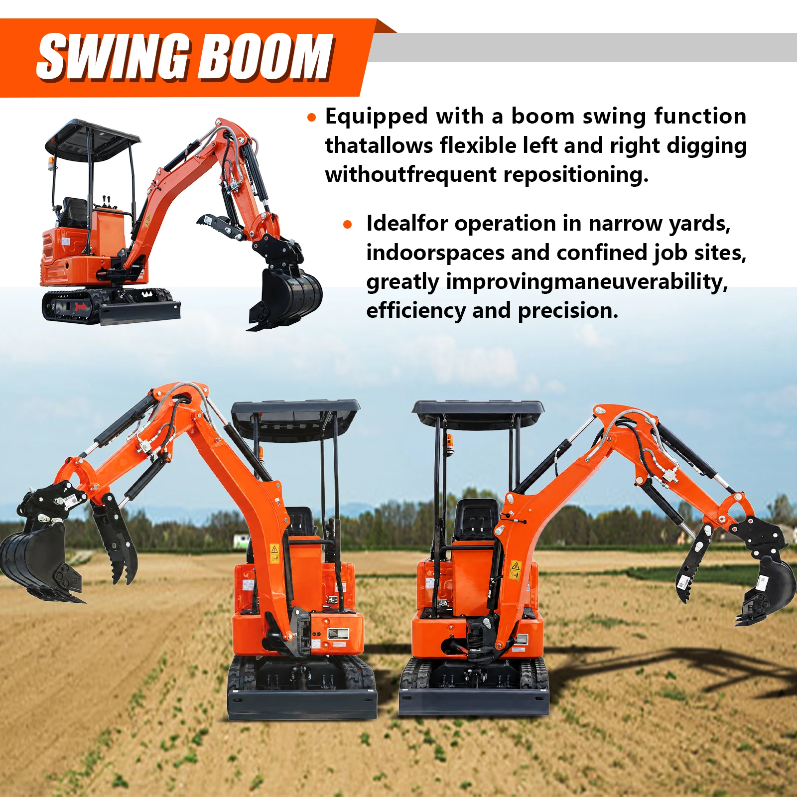 Mini Excavadora Nueva Mejorada 13,5HP, Conexión Rápida y Pluma Oscilante Lateral, Certificado Euro5‑CE, Envío Gratuito