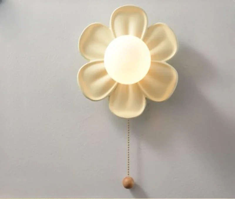 

Pink Green White Flower Petal Wall Lamps Children's Room Princess Room Lamp Modern Cream Style Girl Bedroom Bedside Wall Lights