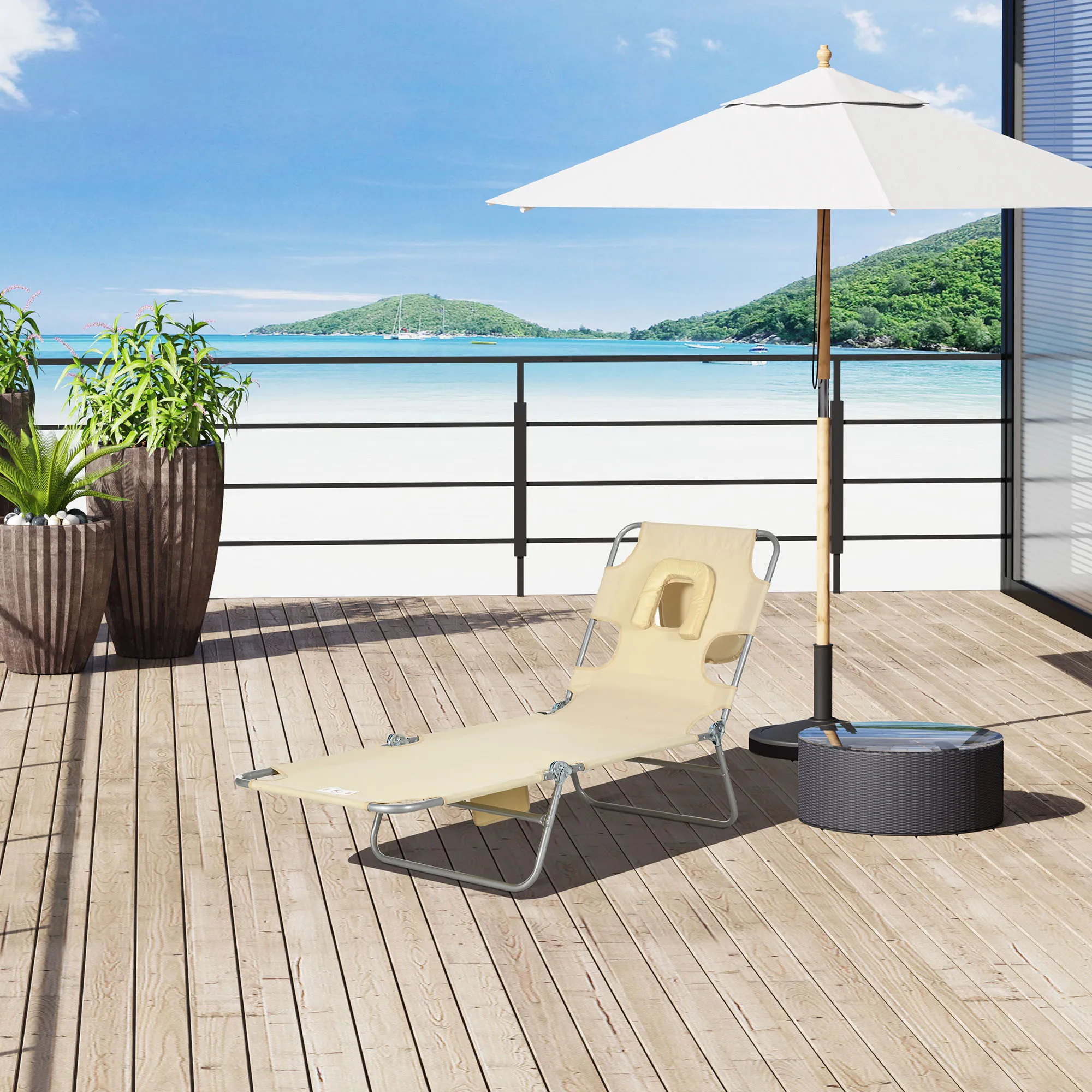 Outdoor Chaise Lounge Portable Adjustable with Face Cavity & Arm Slots Beige